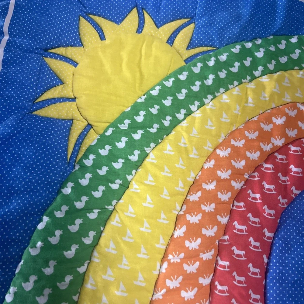 Vintage Handmade Baby Crib Quilt Rainbow Cowboy Duck 